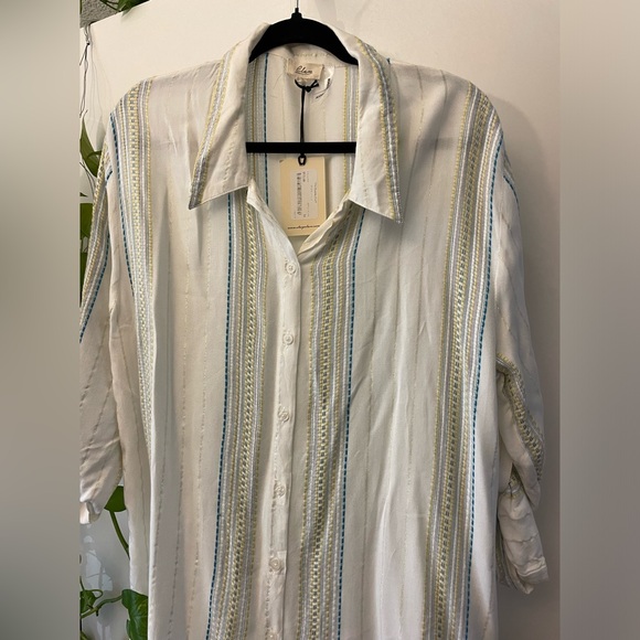 NWT Elan White Multi Stripe Button Up Boyfriend Top cover Up Medium - Picture 6 of 13